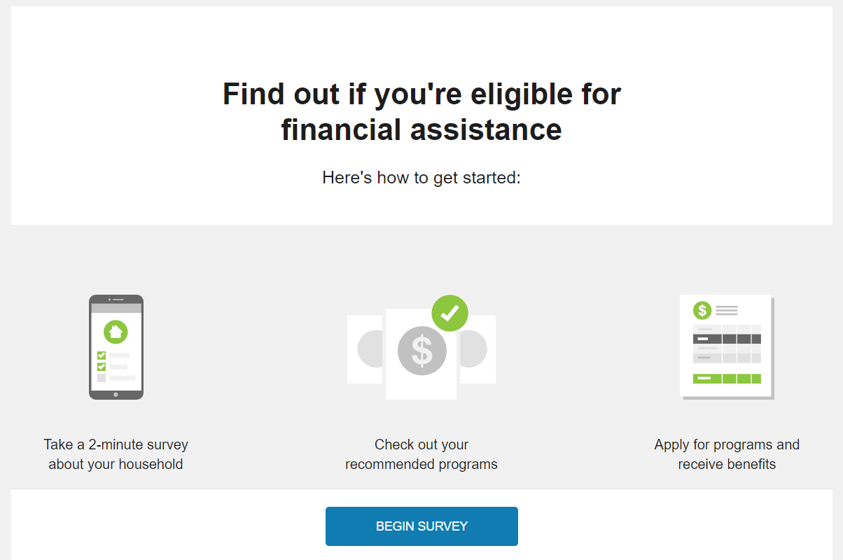 Introduction to savings hub survey explaining options to determine eligibility for financial assistance and a button to begin the survey