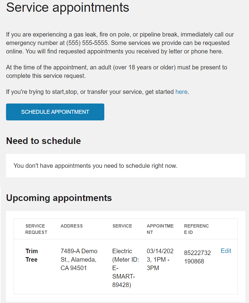 Service appoinments page where customers can select to schedule a new service appointment as well as review need to schedule appointments and any upcoming appointments.