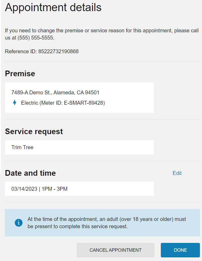 Appointment details page that allows customers to modify an upcoming appointment by either changing the date and time or selecting to cancel the appointment.