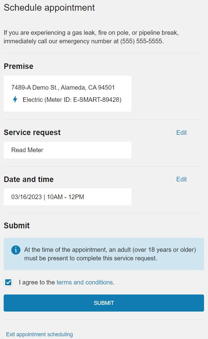 Appointment details page that allows customers to modify an upcoming appointment by either changing the date and time or selecting to cancel the appointment.