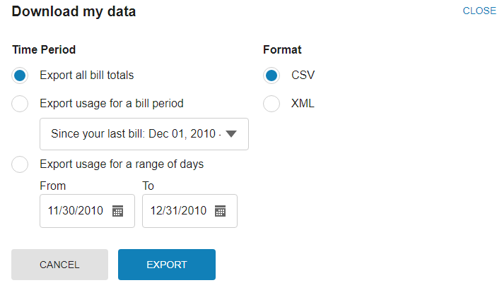 Screenshot of the Green Button Download My Data section, which alllows customers to download billing data. Options avialable for all bill totals or specific bill periods. Format options include CSV and XML.