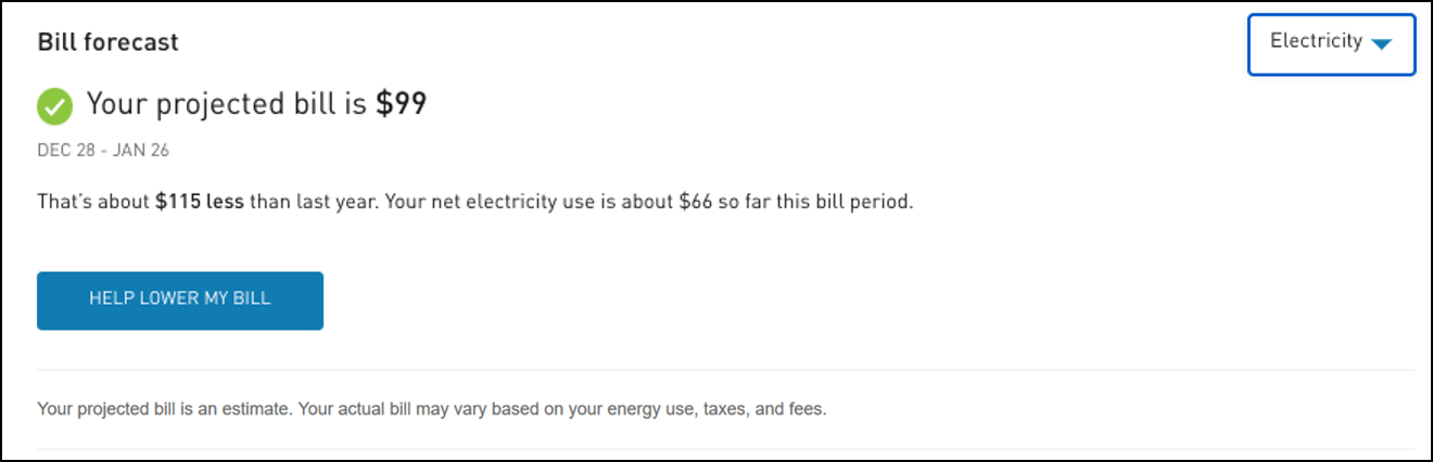 The following image is an example of the Projected Bill view for Net Metering customers. The following image is an example of the Projected Bill view for Net Metering customers.