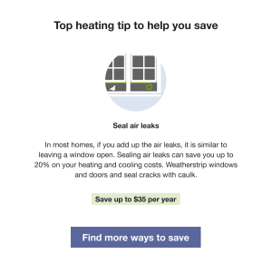 Image of an air leak tip selected to pair with the water heating energy use with a 'Find more ways to save' button