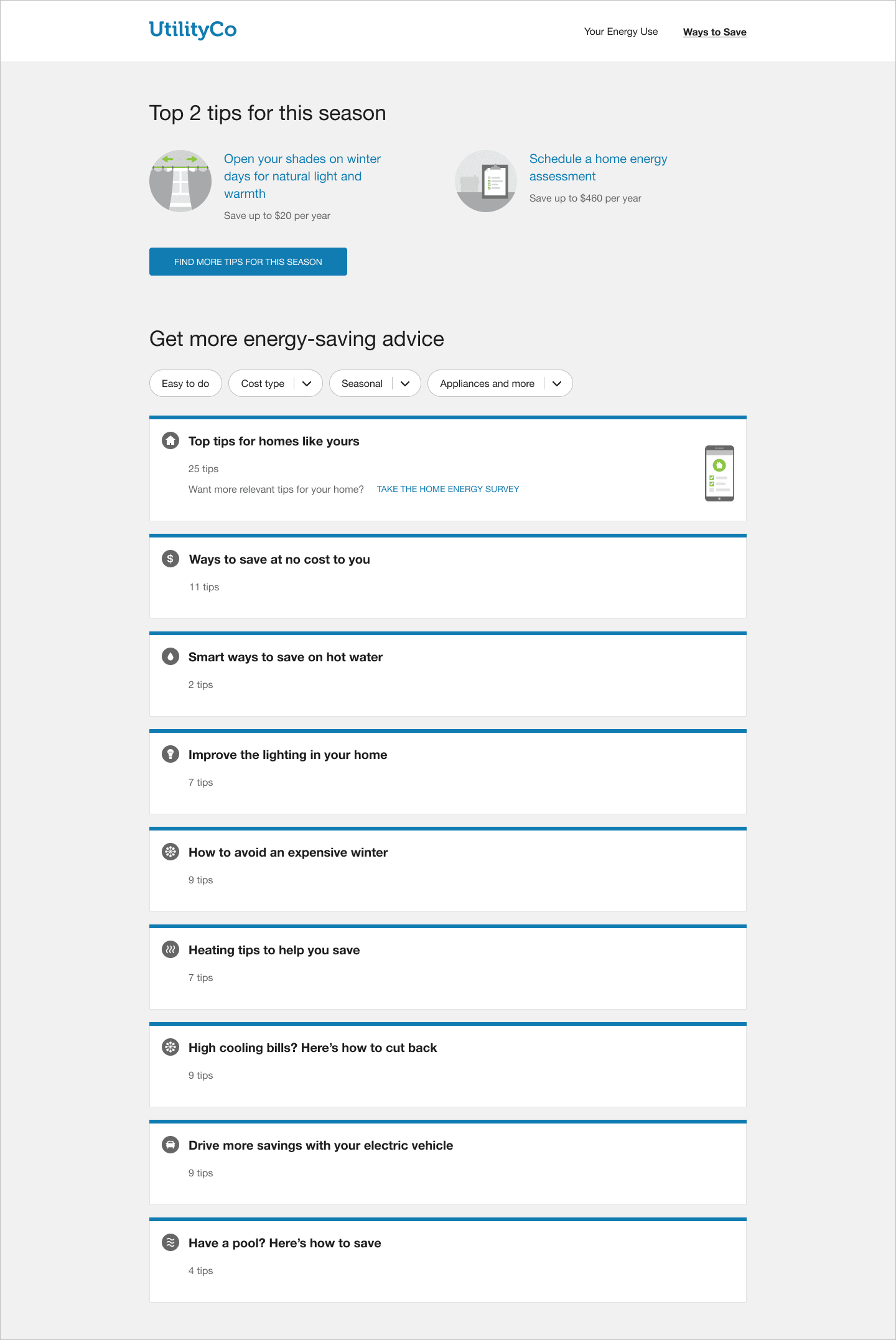 Ways to save landing page, which includes collections energy saving tips displayed as tip guides. Customers can also view tips they have saved or completed. 