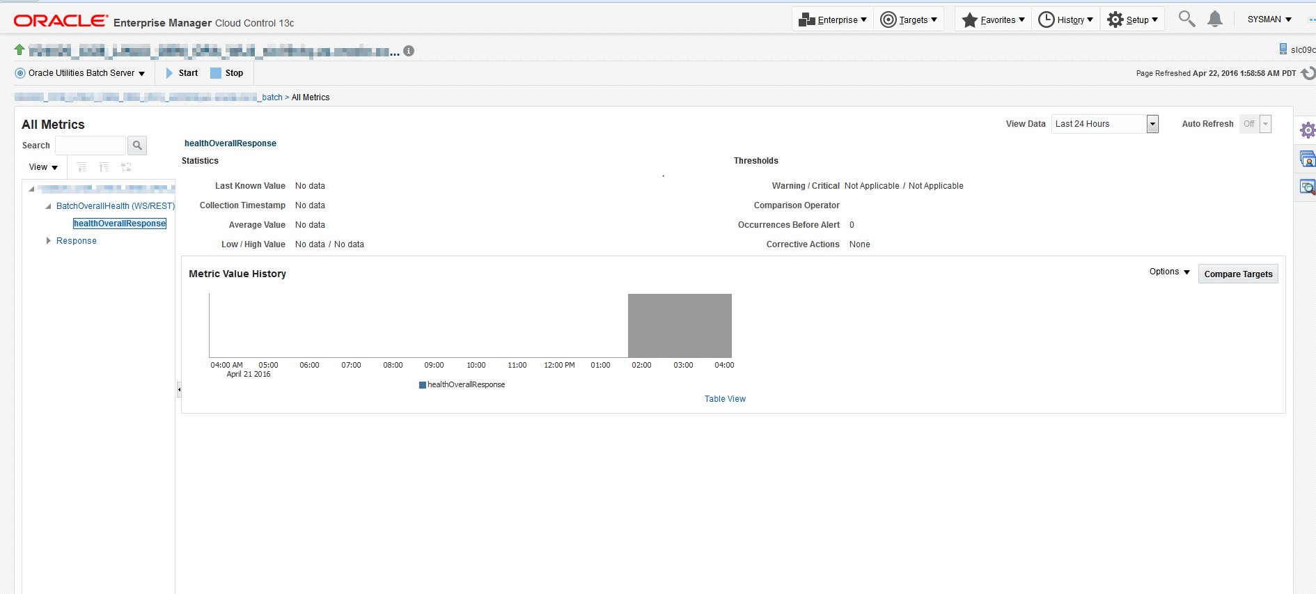 From the metrics tree view, select the metric to review. In this example, the Batch Overall Health metric has been selected.