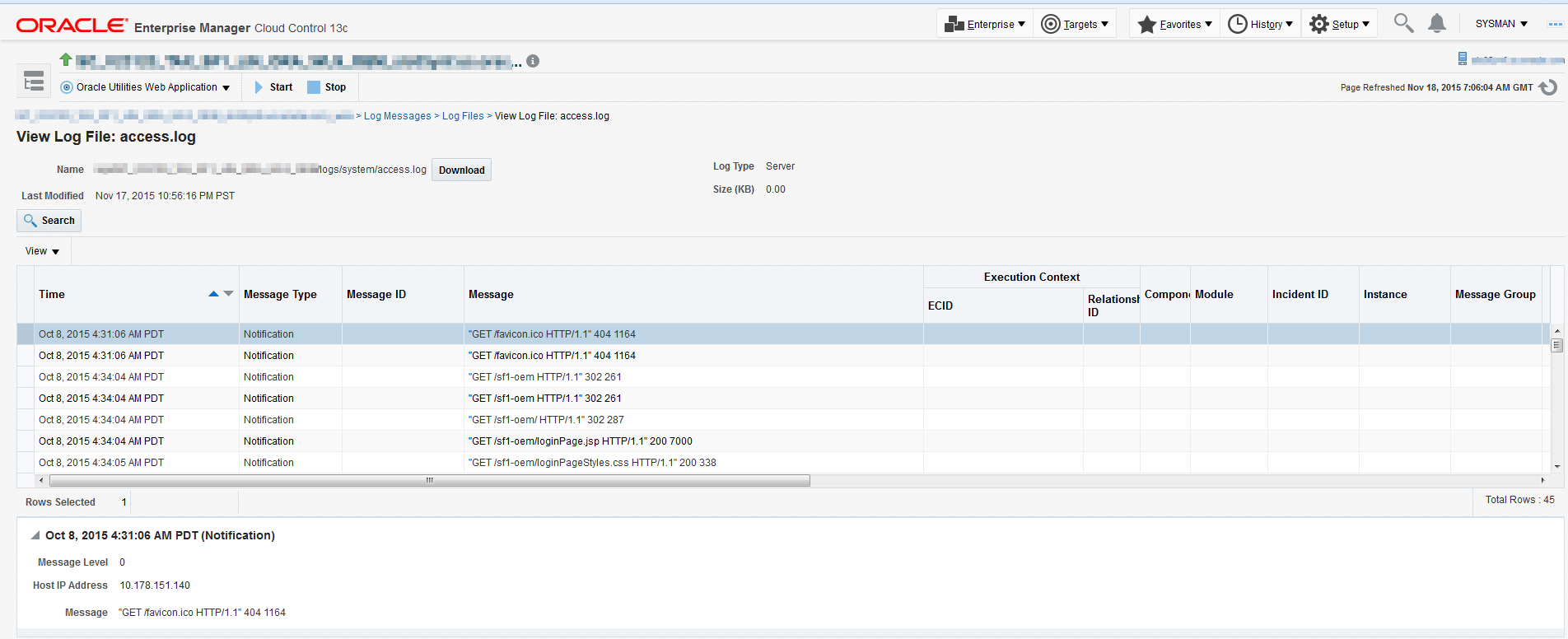 Details of the selected log file appear on this screen.