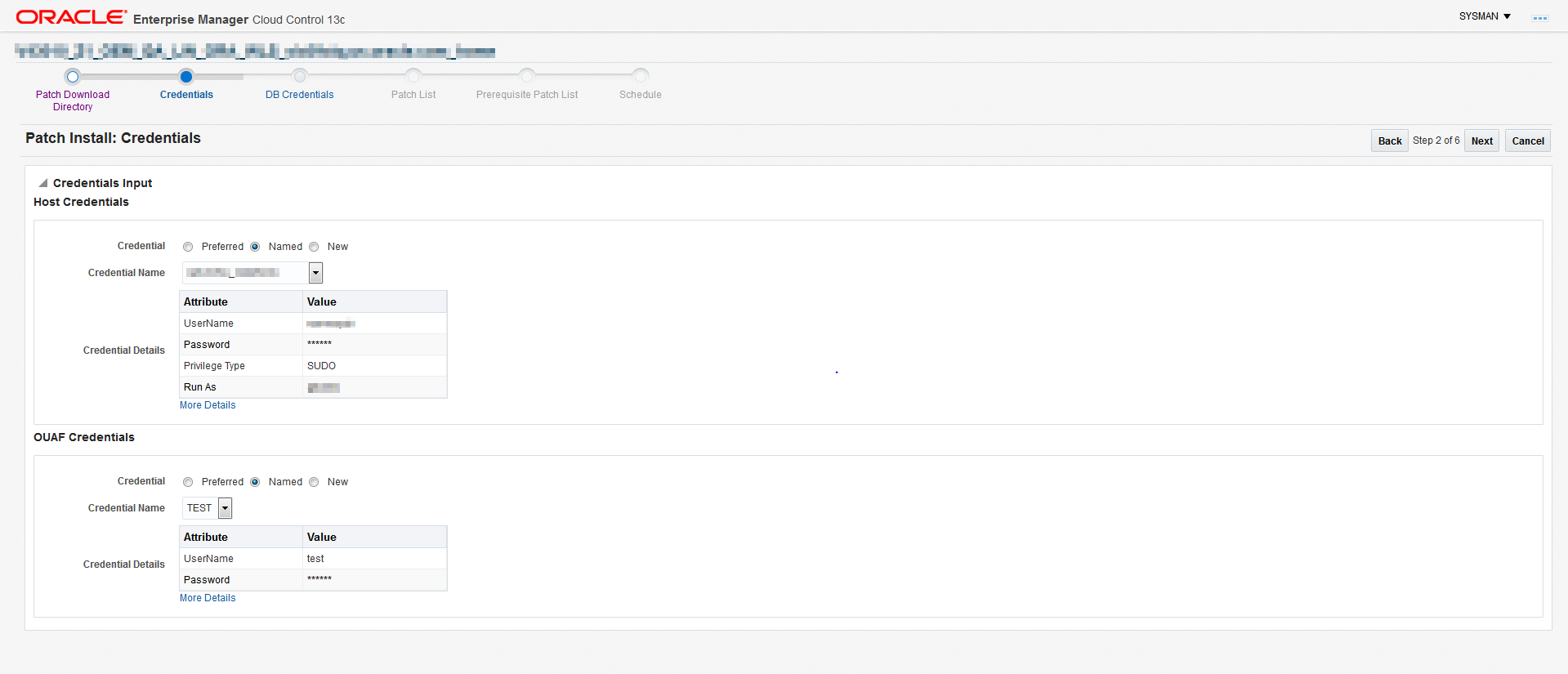 he Credentials screen indicates the host and Framework credentials for the patch install.