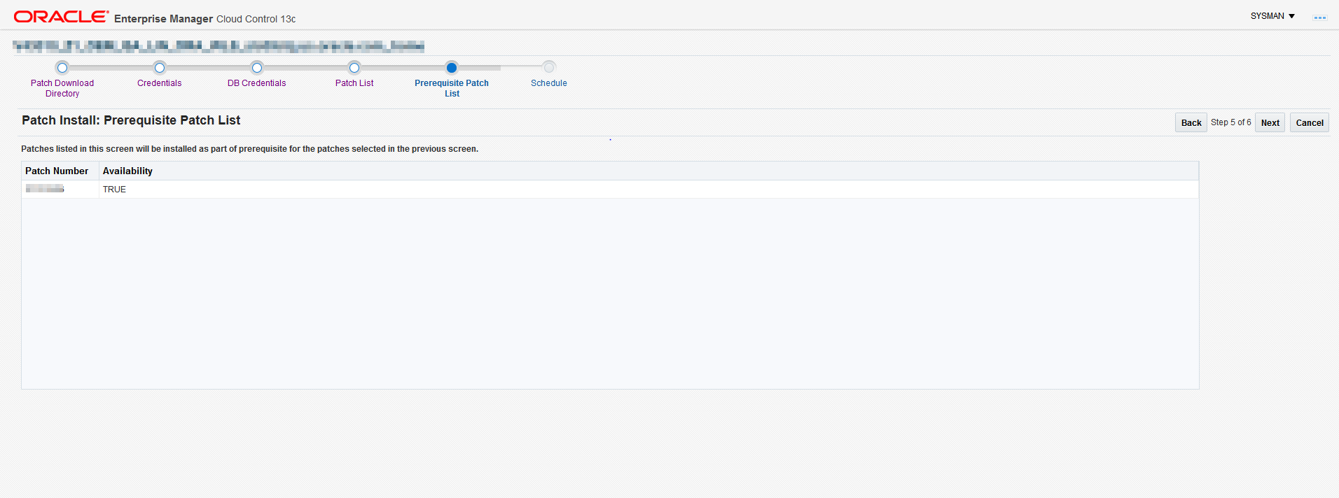 The Prerequisite Patch List screen shows the required patches to download for the patch install.
