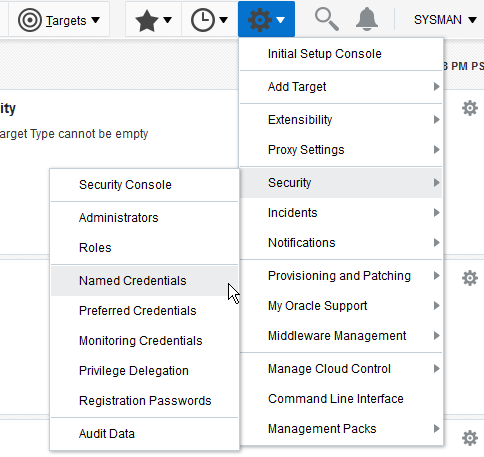 Selecting the Setup, Security, and Named Credentials menu items initiate the creation of the Oracle Utilities Application Framework database credentials.