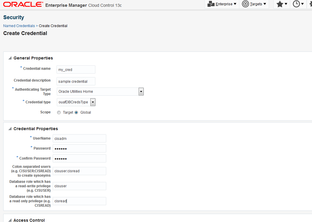 The Create Credentials page captures the General Properties and Credential Properties of the Oracle Utilities Application Framework database credentials.