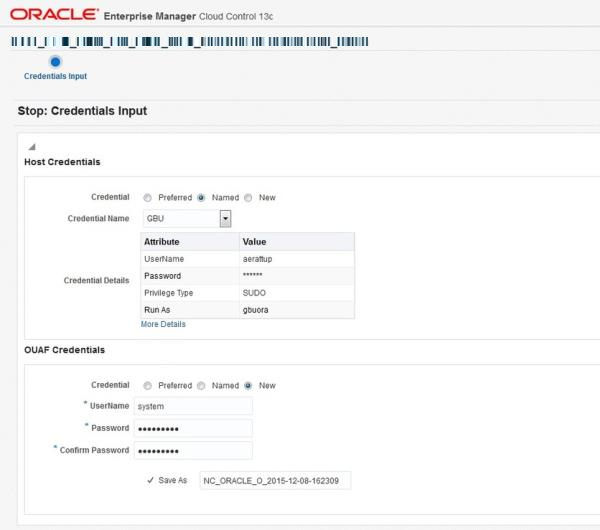 The Start or Stop menu item opens the Credentials Input dialog, which enables the administrator to configure the credentials to connect to the host environment and Oracle Utilities Application Framework.