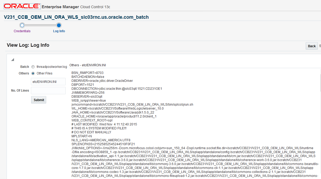The Log Info page lists the available log files for review.