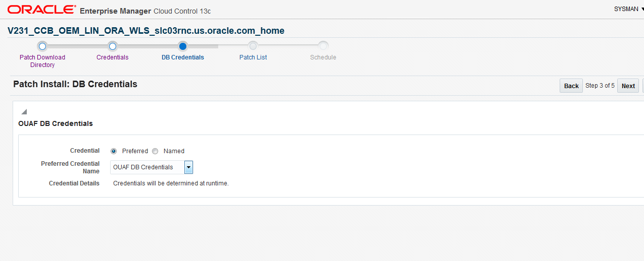The DB Credentials is the third page for patch installation and it collects the Oracle Utilities Application Framework database credentials.