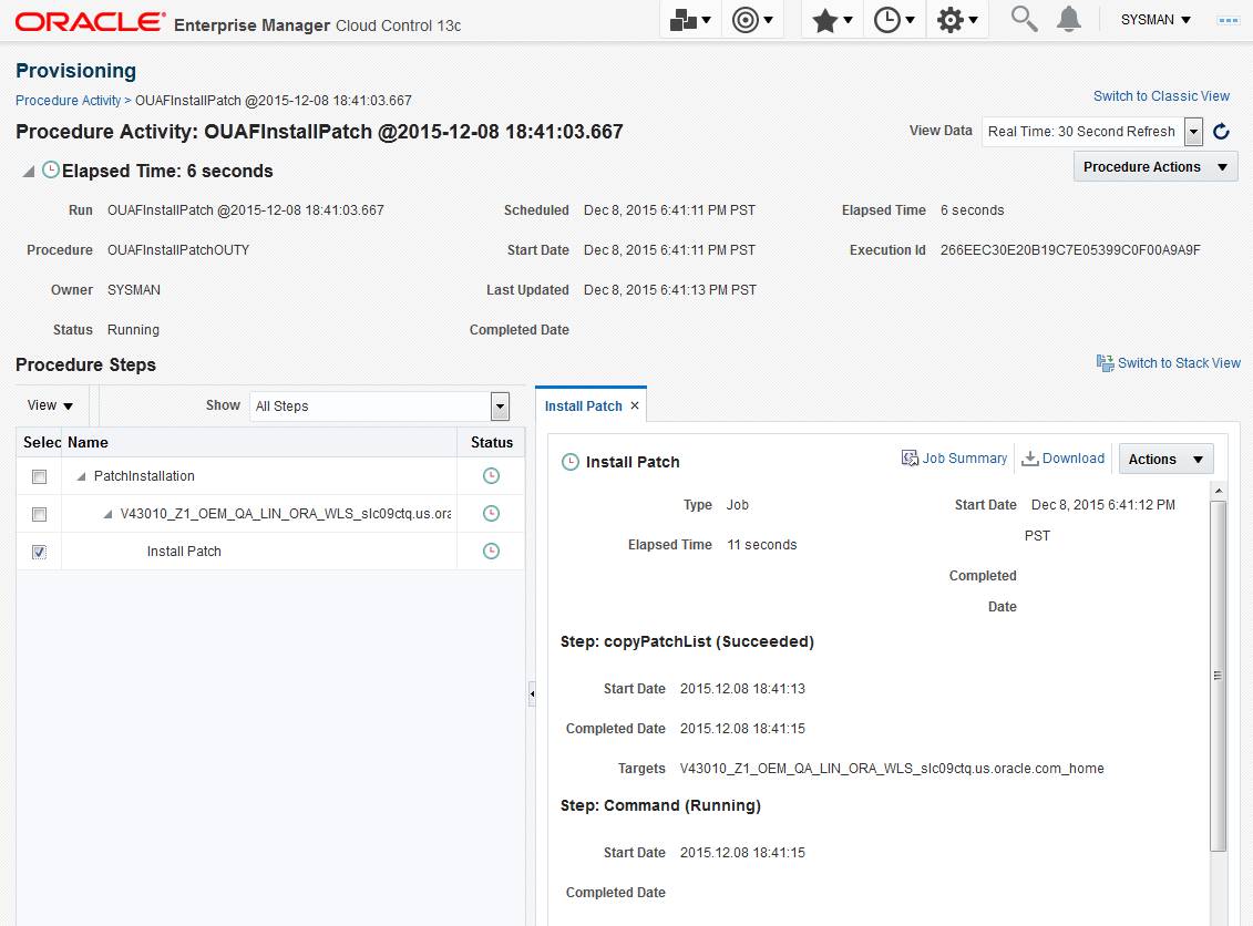 The Provisioning page shows the output activities or steps for the patch import procedure.