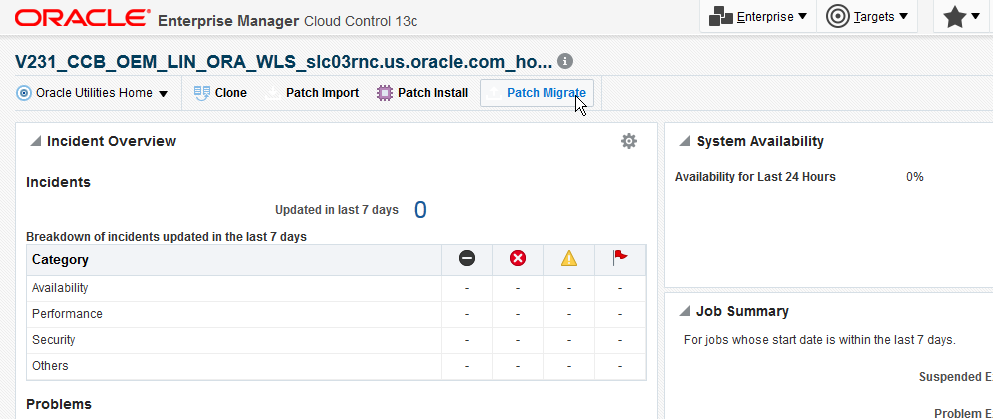 Opening the Oracle Utilities Application Framwork Target home page and clicking the Migrate Patches button initiates the patch migration process.