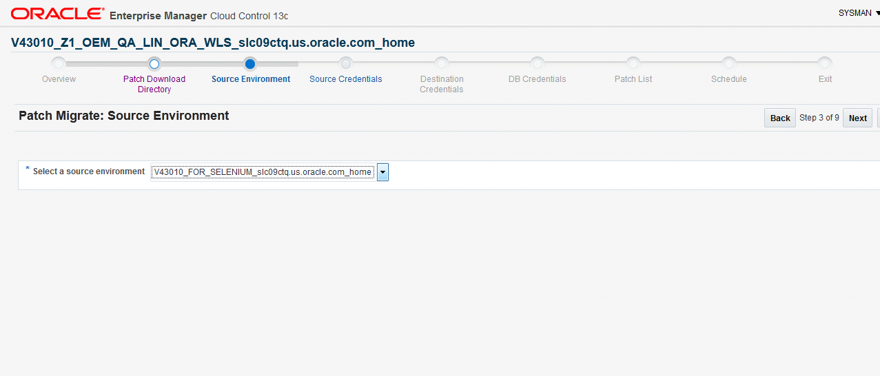 The Source Environment is the third page for patch migration and it provides a list of source target environments.