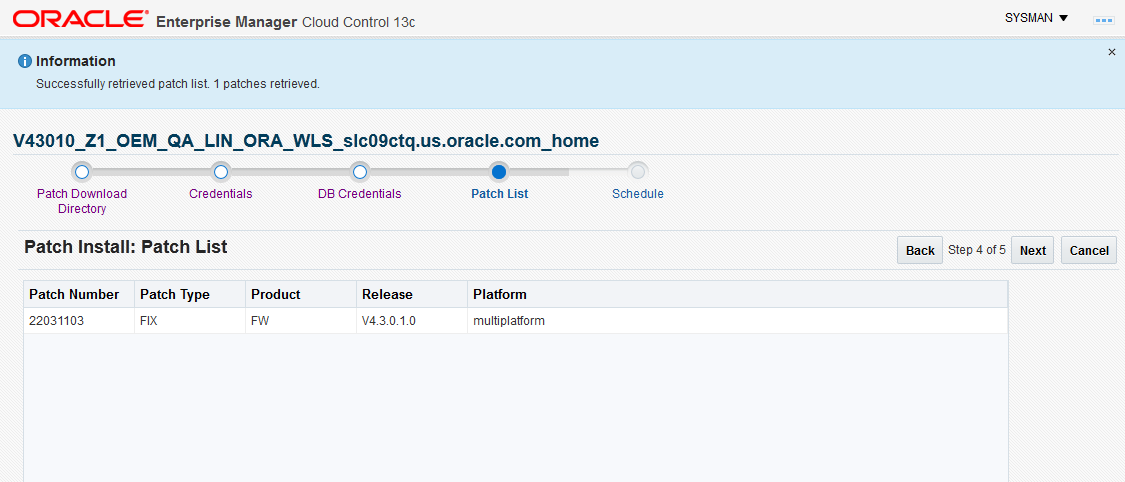 The Patch List is the seventh page for patch migration and it lists the valid patches for the target environment based on product, release, and platform.