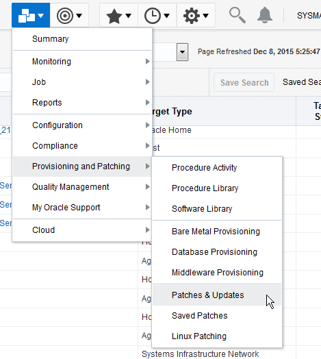 Select the Enterprise menu, Provisioning and Patching then Patching & Updates to download patches from My Oracle Support.