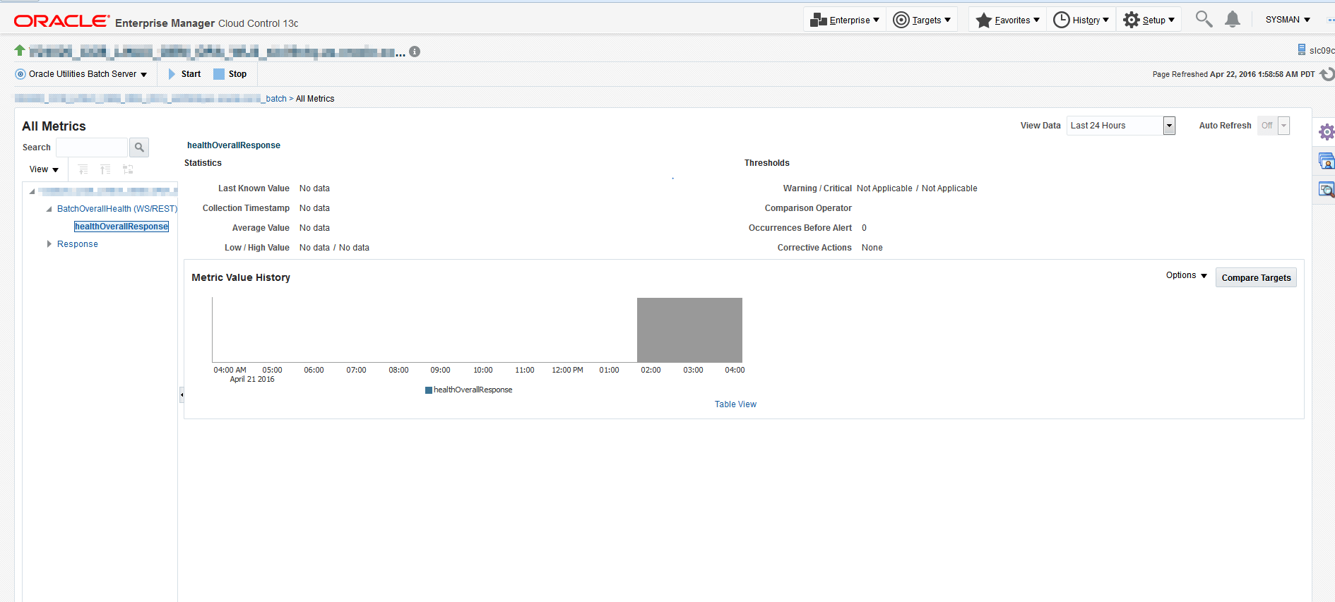 From the metrics tree view, select the metric to review. In this example, the Batch Overall Health metric has been selected.