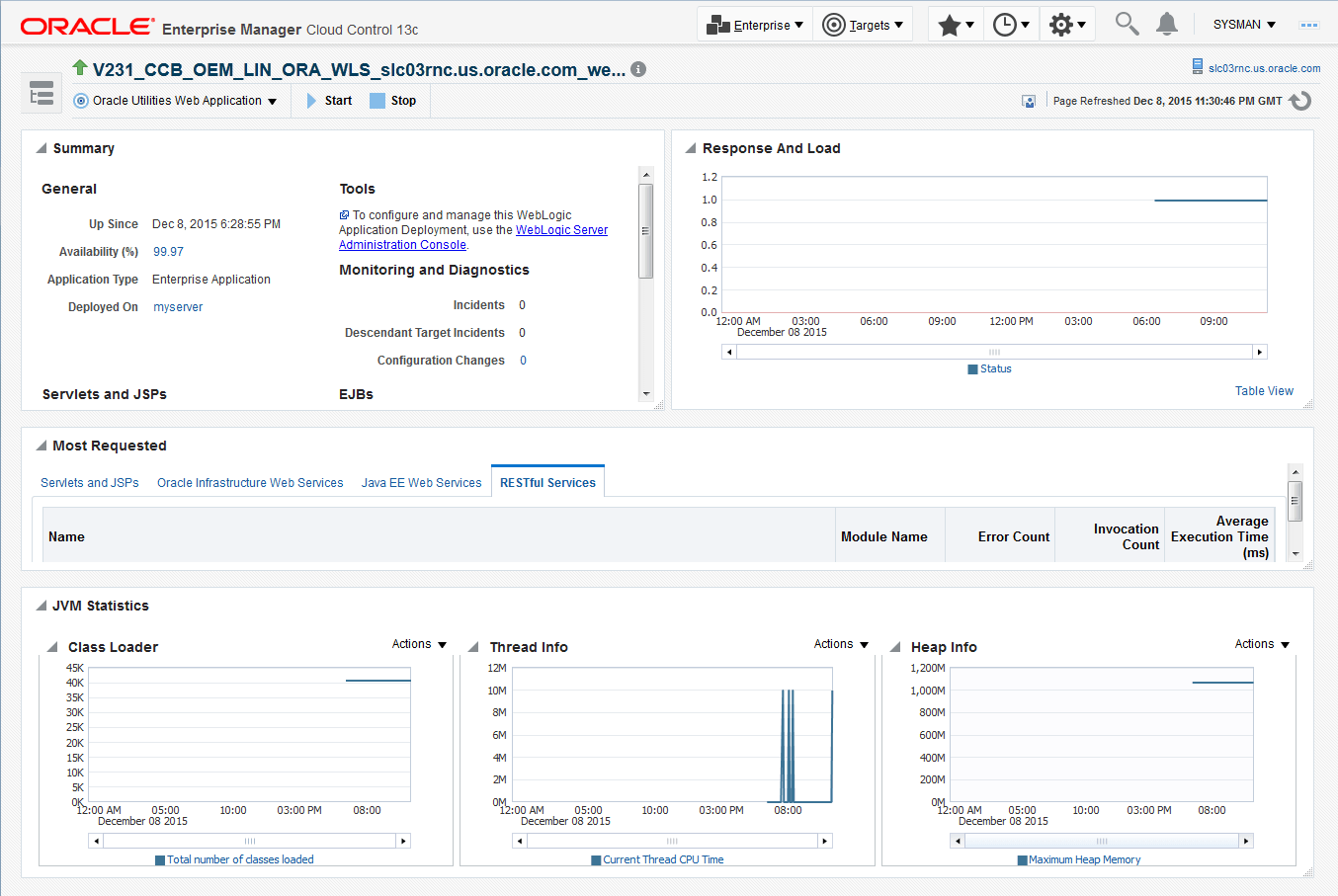 The Web Application home page provides the General Information, Response and Load, Performance, and JVM Statistics regions.