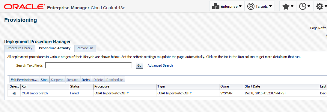 The Procedure Activity list shows the patch imports ran by the application.
