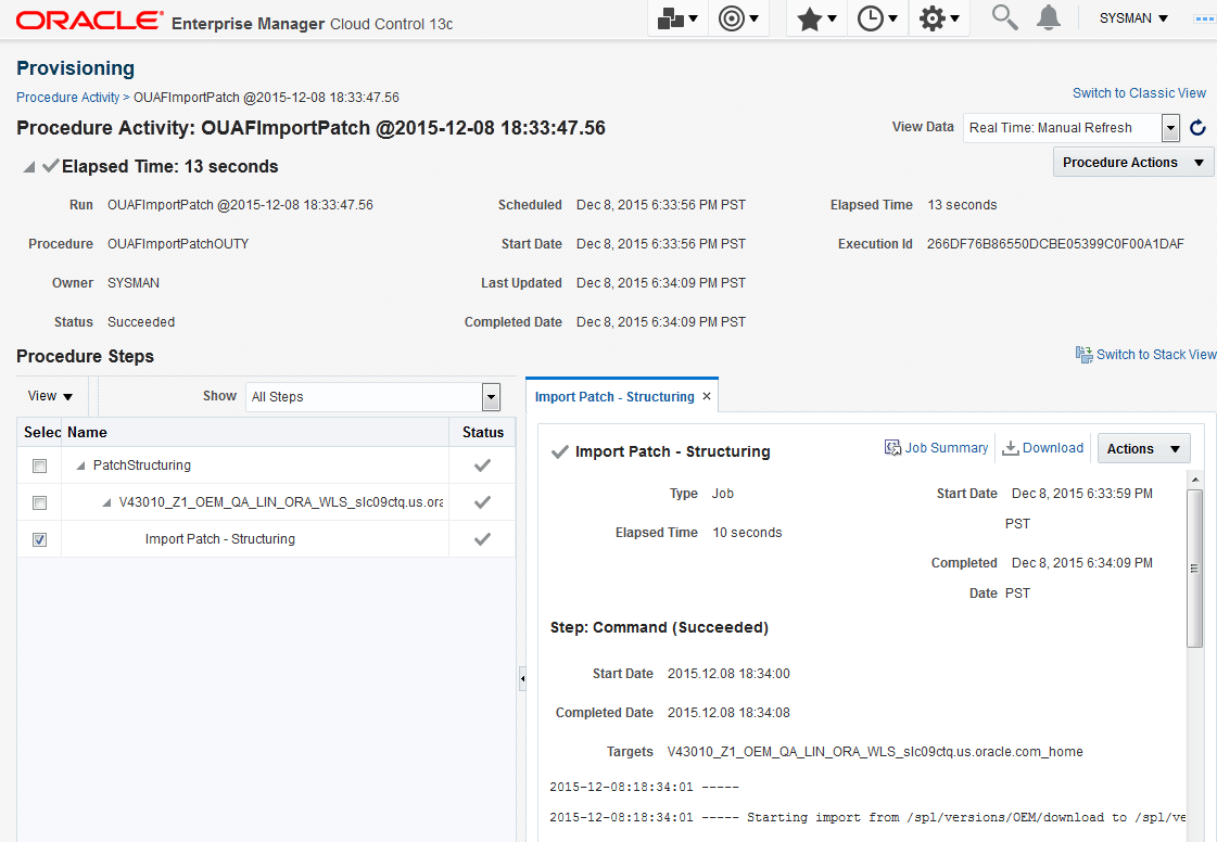 The Provisioning page shows the output activities or steps for the patch import procedure.