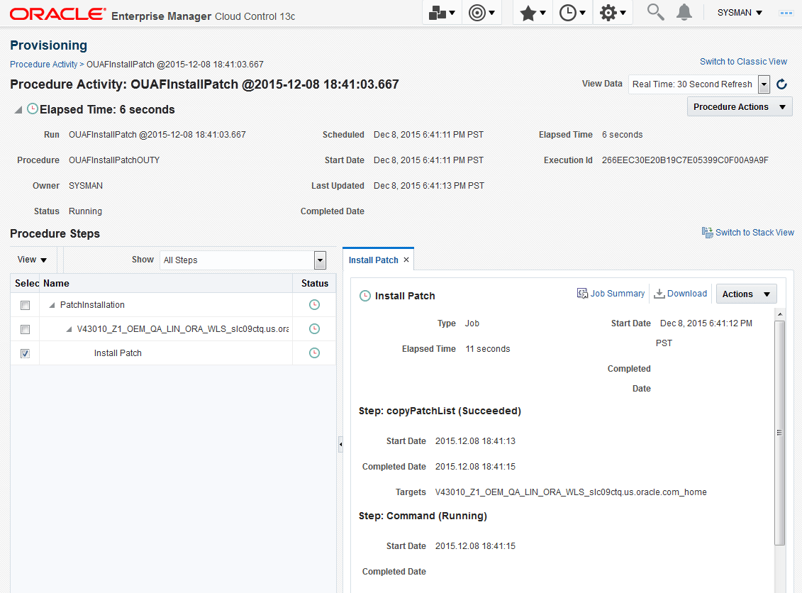 The Provisioning page shows the output activities or steps for the patch import procedure.