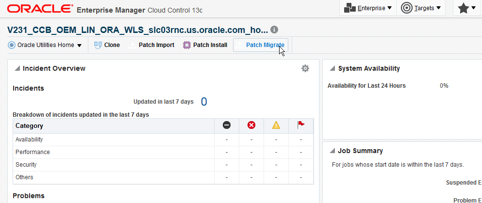 Opening the Oracle Utilities Application Framwork Target home page and clicking the Migrate Patches button initiates the patch migration process.