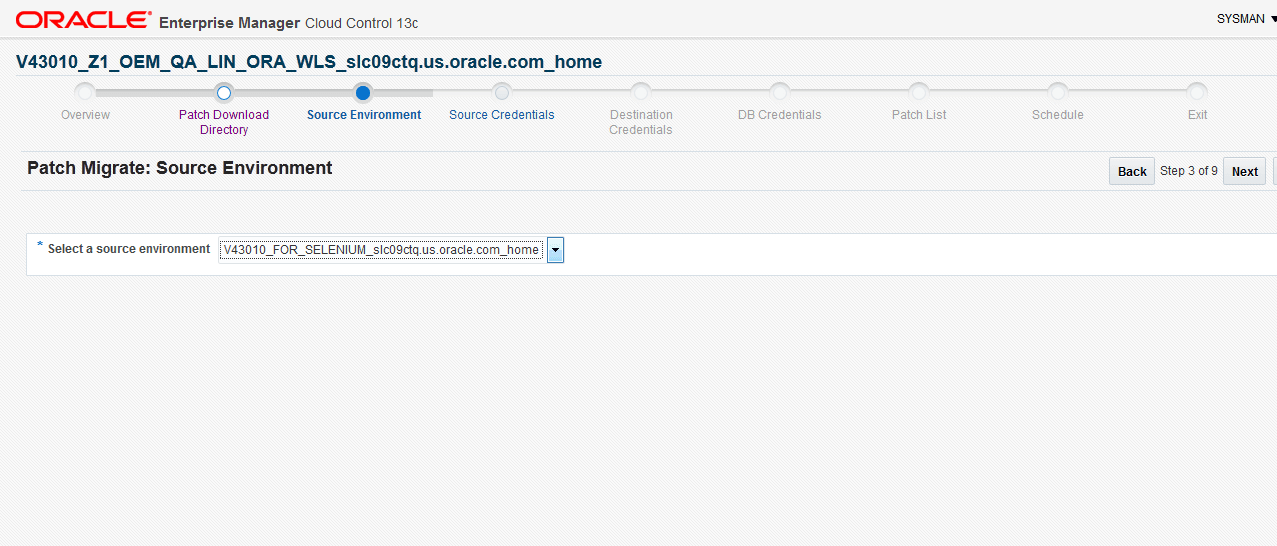 The Source Environment is the third page for patch migration and it provides a list of source target environments.
