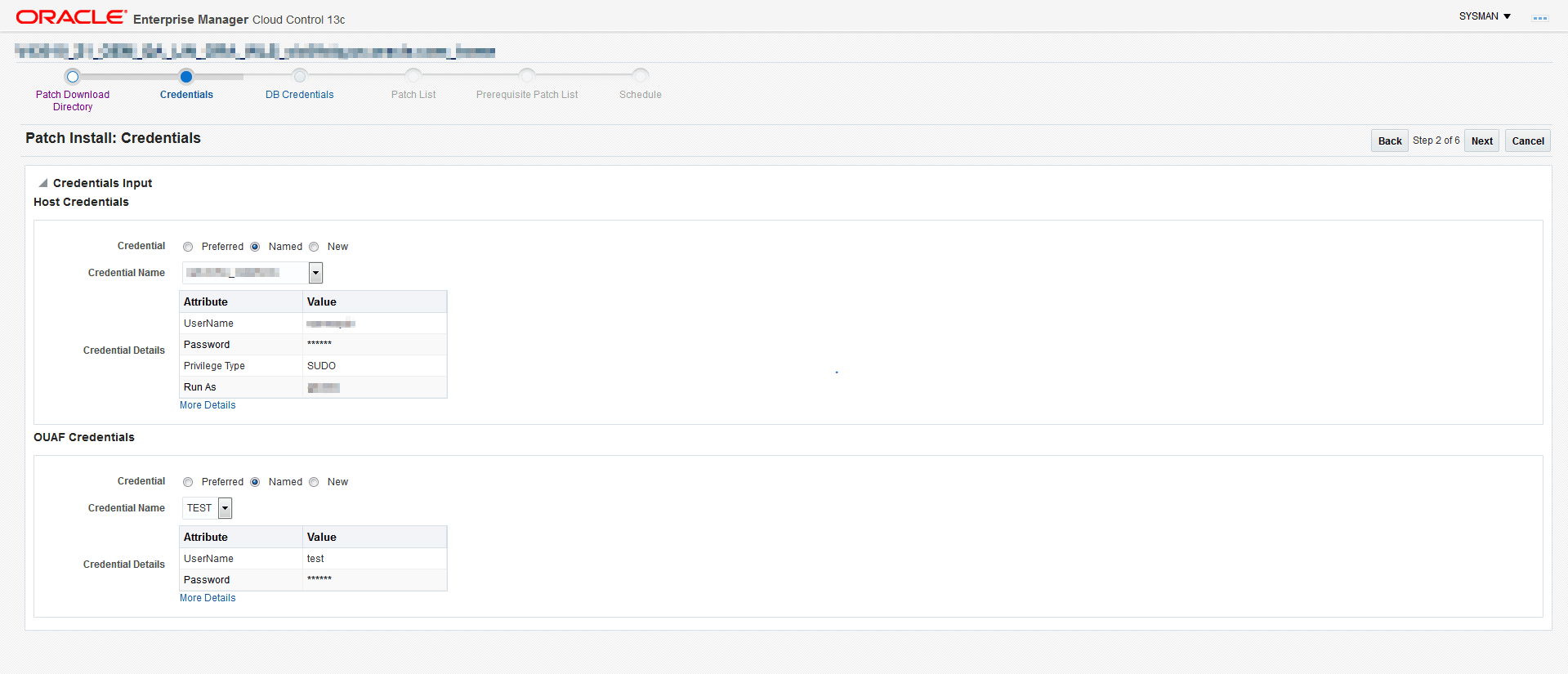 he Credentials screen indicates the host and Framework credentials for the patch install.