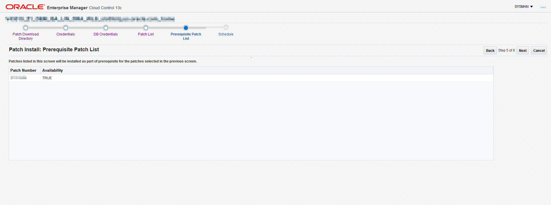 The Prerequisite Patch List screen shows the required patches to download for the patch install.