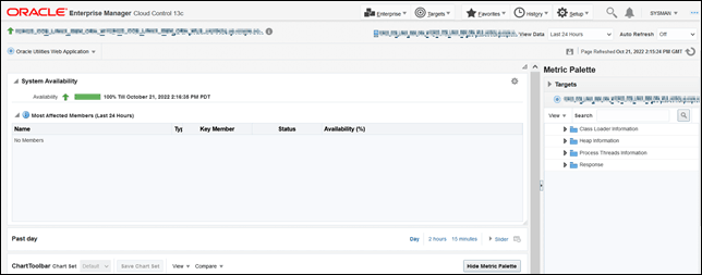 The default Custom Dashboard displays the availability region and a metric palette along with a chart toolbar and a time toolbar.
