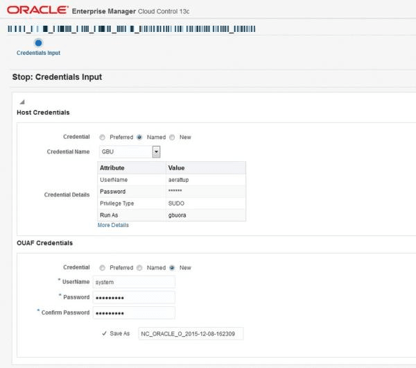 The Start or Stop menu item opens the Credentials Input dialog, which enables the administrator to configure the credentials to connect to the host environment and Oracle Utilities Application Framework.