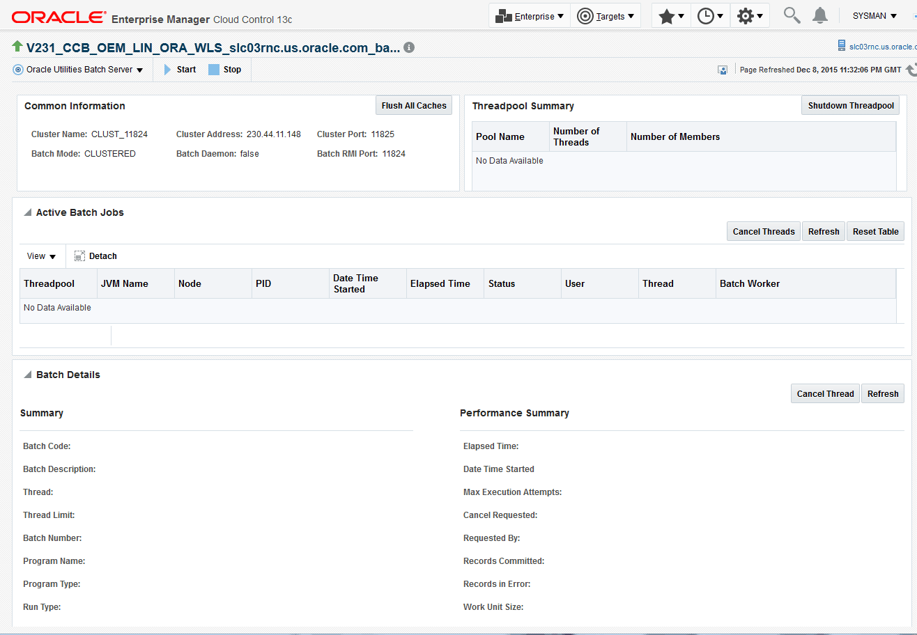 The Batch Monitor page comprises of the Common Information, Threadpool Summary, Active Batch Jobs, and Batch Details sections.