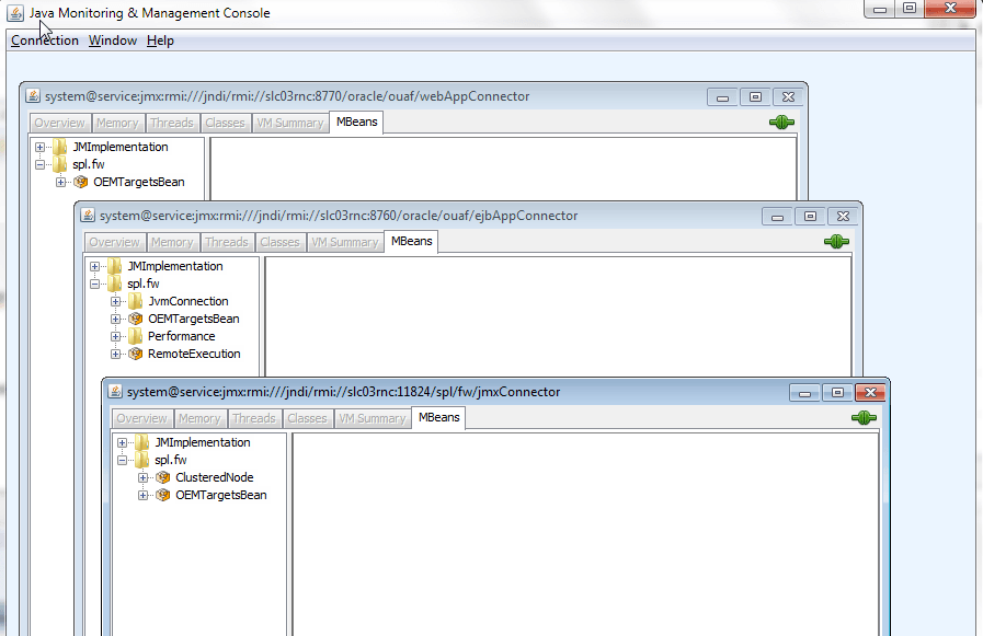 The OEMTargetsBean is present and the connections to the URLs are available after configuring JMX on the target environment.