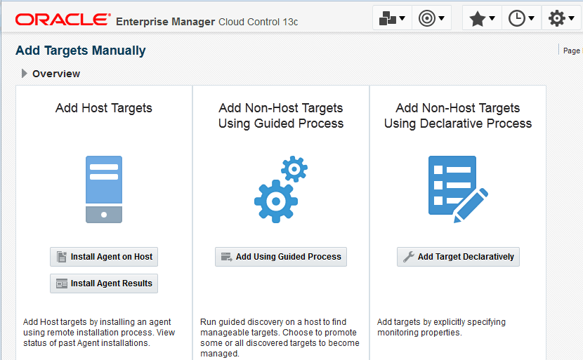 Selecting the Setup, Add Targets then the Add Targets Manually menu items initiates the discovery of the WebLogic domain and Fusion middleware.