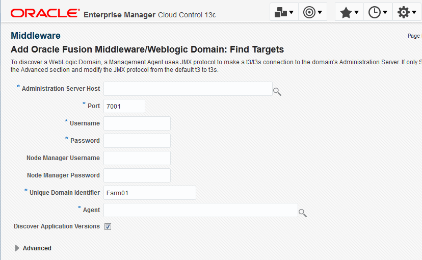 Selecting the Add Using Guided Process option facilitates the data entry of the WebLogic admin server details and the discovery of the WebLogic domain or Fusion middleware.
