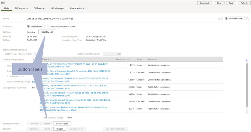 Button labels on Main tab screen.