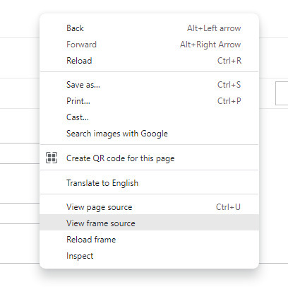 Options menu on Main tab with the cursor on View Frame Source option.