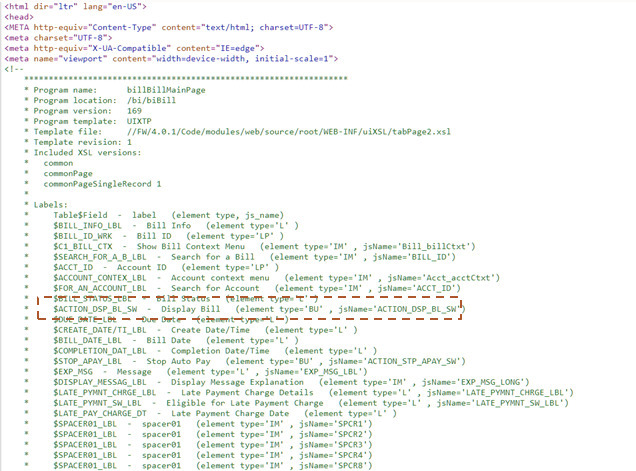 Source file . Highlight on a field name as example.
