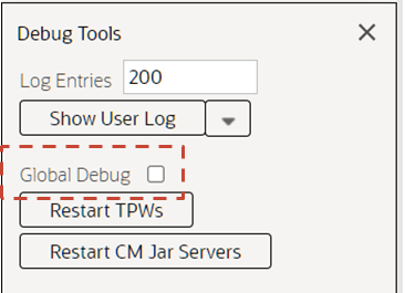 Debug Tools dialog with emphasis in Global Debug option.