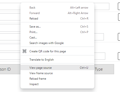 Person Search window in Explorer browser. Options menu with highlight on View Source option.