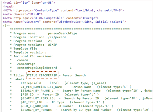 Source file, highlight on Title Field Name.