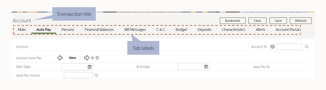 Account page, Auto Pay tab. Financial Balances and Bill Messages as examples of tab labels; Account as example of transaction title.