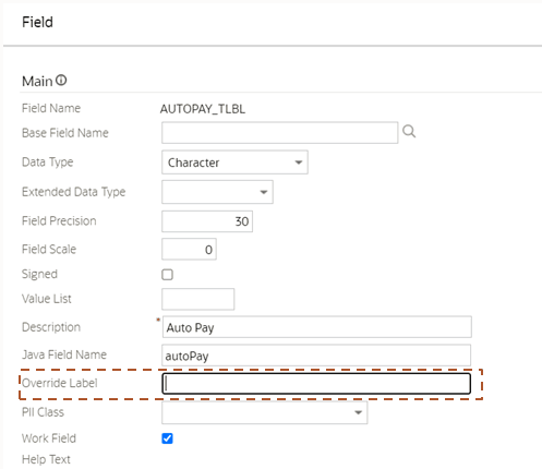 Database Field page, Main tab.