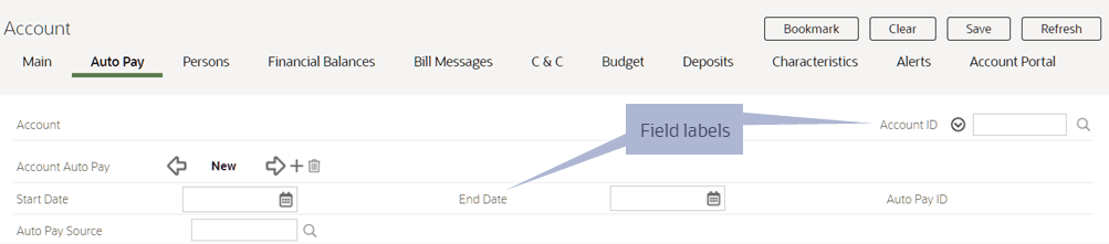 Account page, Auto Pay tab. Highlight on End Date and Account ID as examples of field labels.