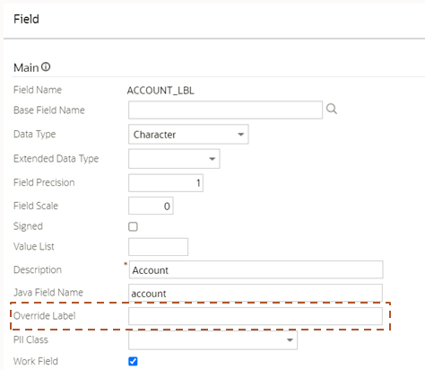 Database Field page, Main tab.