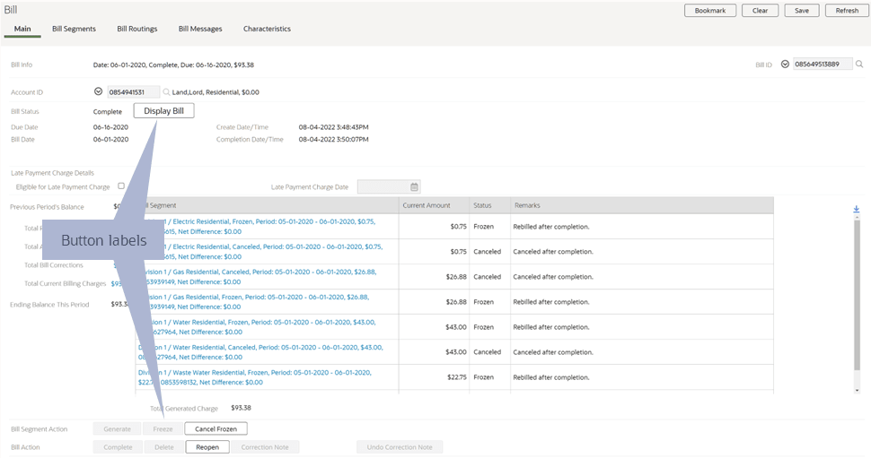 Button labels on Main tab screen.