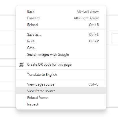 Options menu on Main tab with the cursor on View Frame Source option.