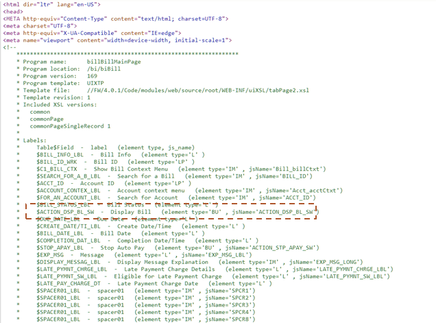 Source file . Highlight on a field name as example.